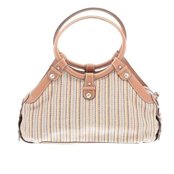 Fossil Bucket Bag Tote Boho Retro Rainbow Striped Tapestry Round Top Handle Sz L - Picture 14 of 14